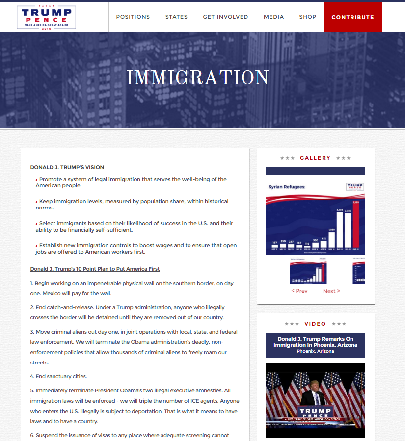 Screenshot of Donald Trump's Immigration Reform Webpage