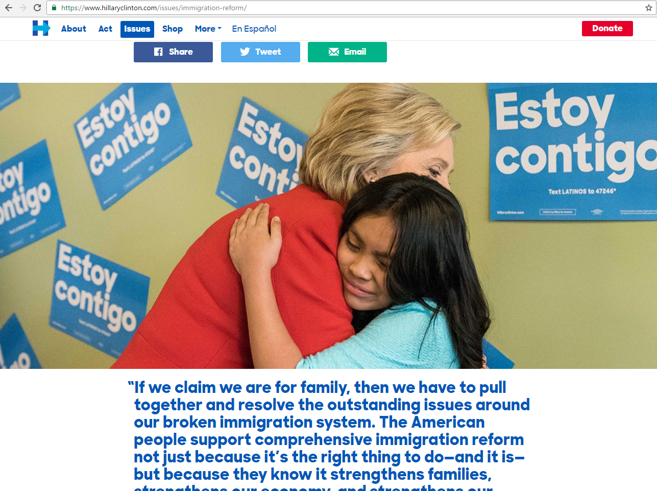 Screenshot of Hillary Clinton’s Immigration Reform Webpage
